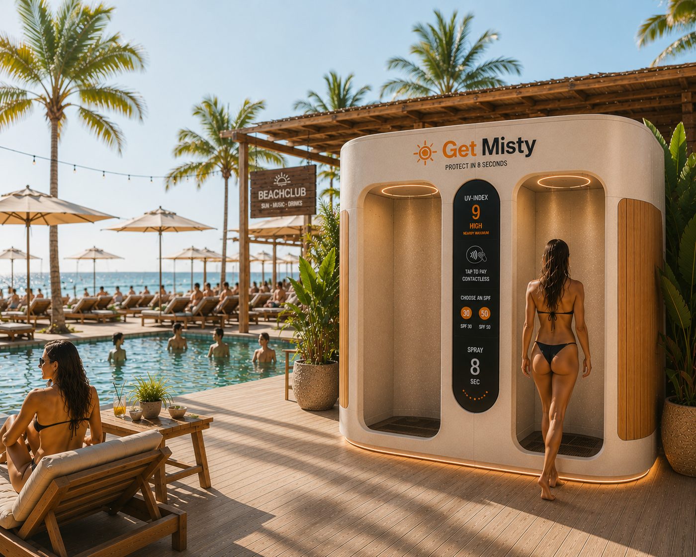 A GetMisty cabin at the entrance of a beach club